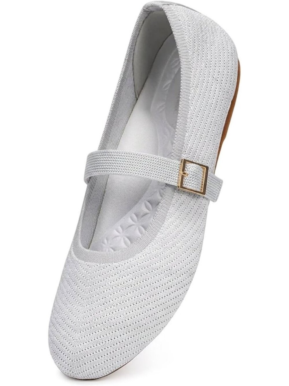 Frank Mully Women's Light Grey Rubber Knitted Buckle Round Toe Comfortable Shoes